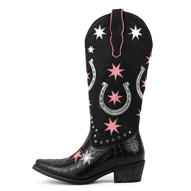 Black cowboy boot with pink star and silver horseshoe patterns on a white background