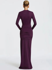 Draped Ruched Front Hollow Out Long Sleeve Maxi Dress