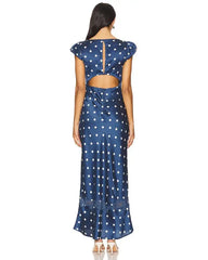 Satin Polka Dot Cap Sleeve Maxi Dress