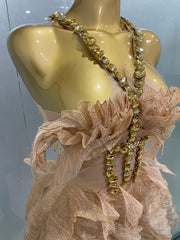 Feather Embellished Crystal Neck Wings Mini Dress