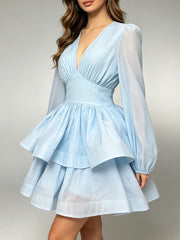 V-Neck Puff Sleeve Tiered Mini Dress