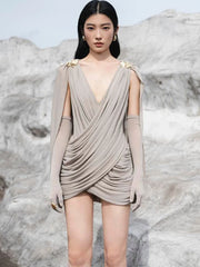 Draped Cape Sleeve Ruched Mini Dress with Deep V-Neck