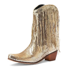 Gold sequin cowboy boot with fringe on a white background