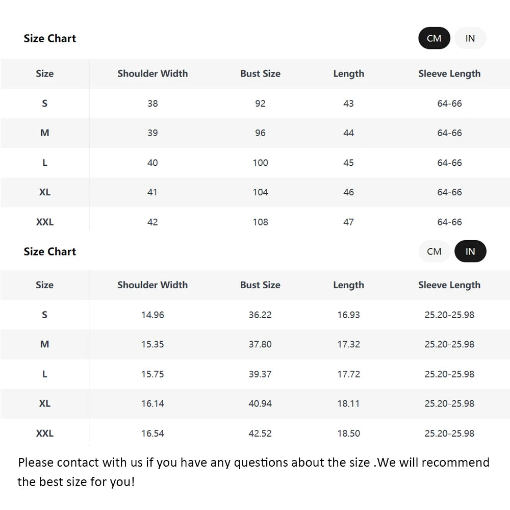 Size chart for clothing with measurements in centimeters and inches.