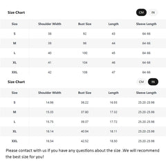 Size chart for clothing with measurements in centimeters and inches.