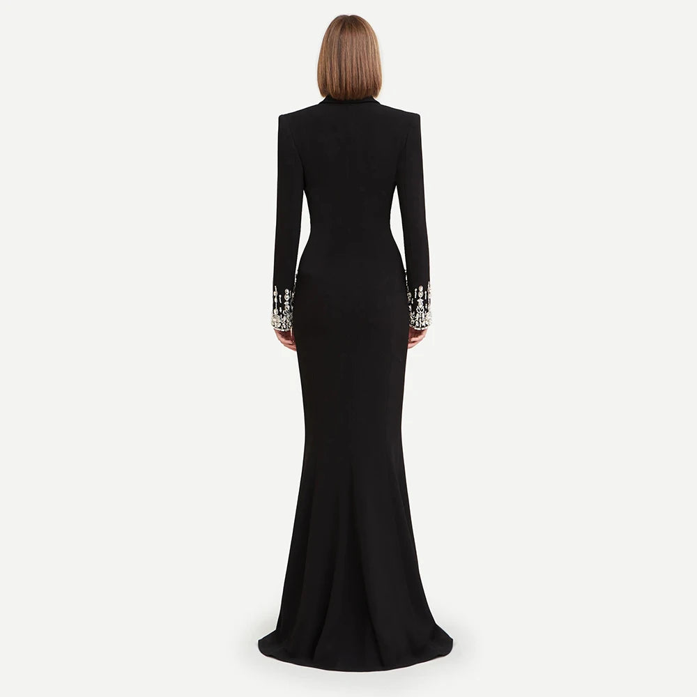 Women's Black V-neck Diamond Suit Long Evening Dress