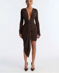 Draped Knot Deep Neck Long-Sleeve Mini Dress