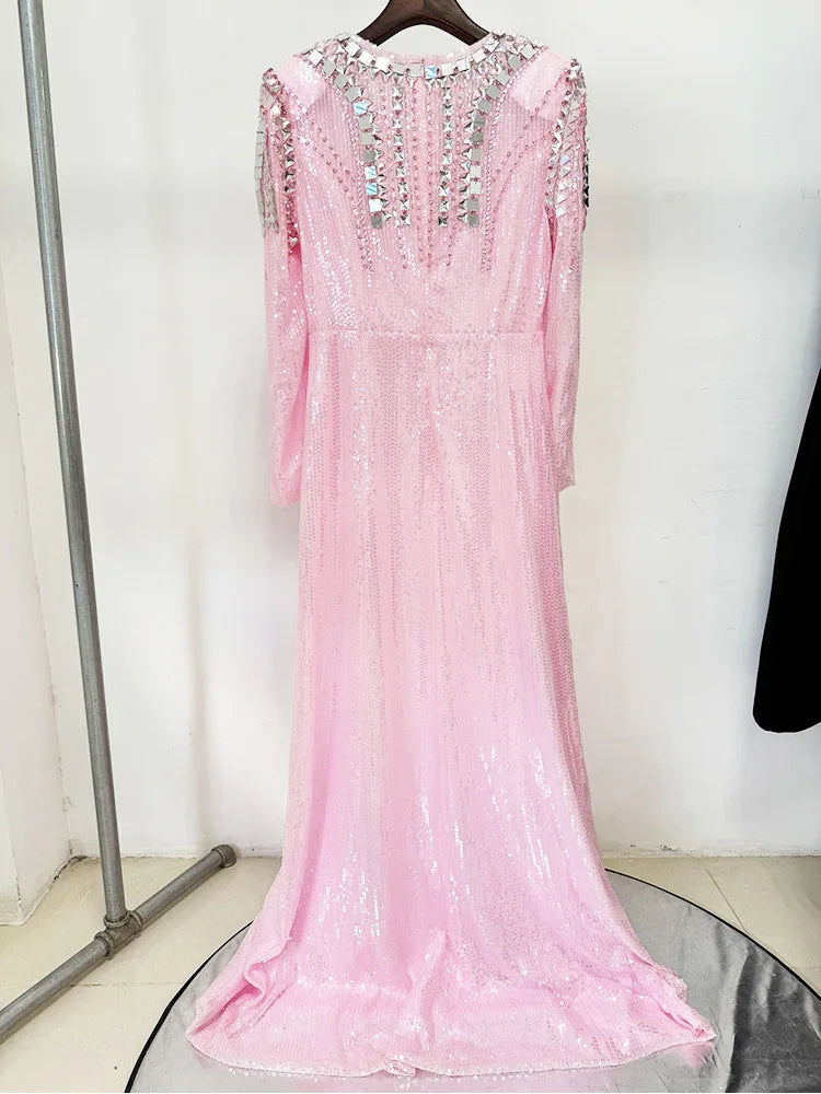 O-Neck Sequin Embellished Long Sleeve Maxi Dress Detail Back