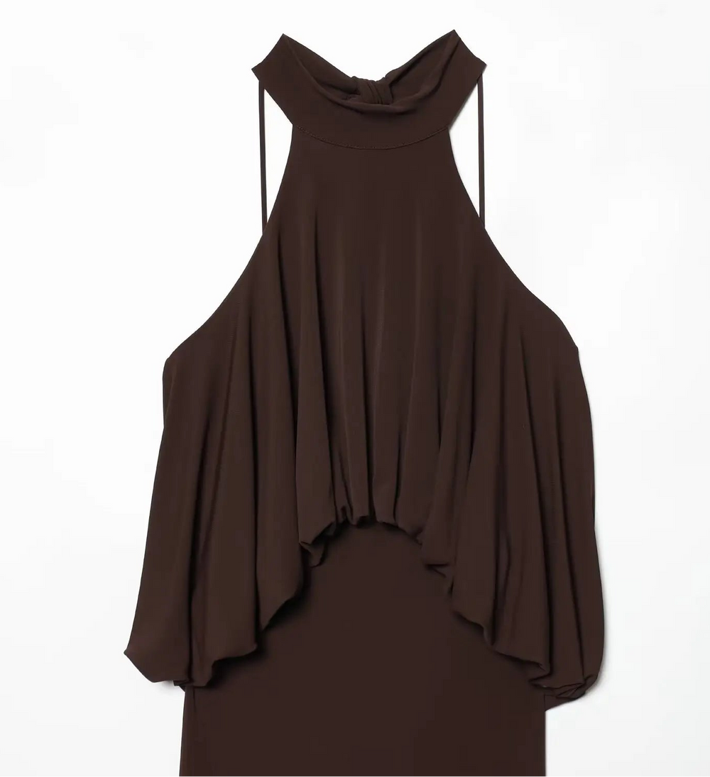 Brown halter neck dress on a white background