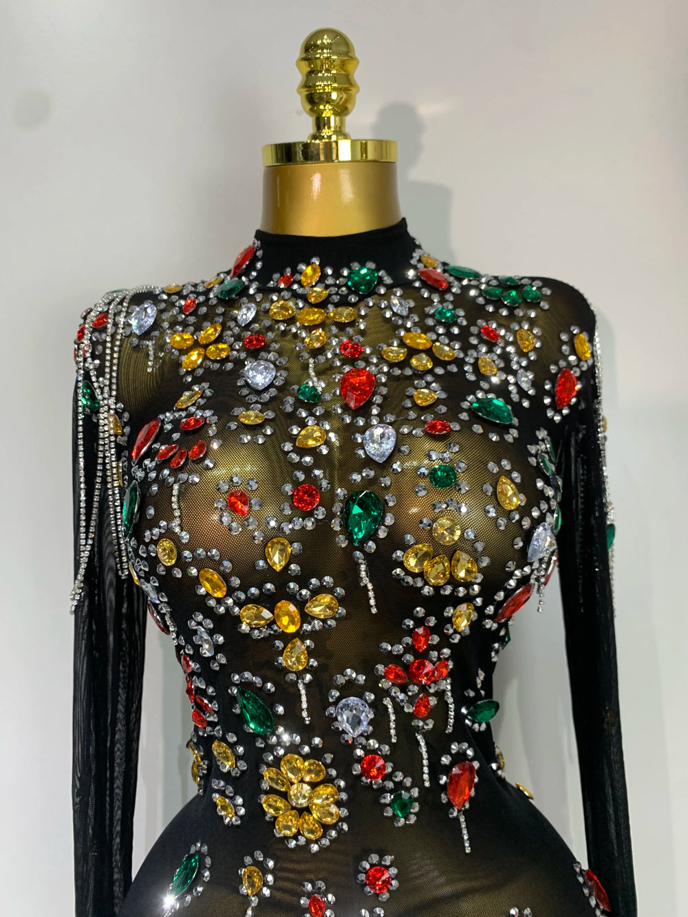 Crystal Embellished Neckline on Mesh Mini Dress