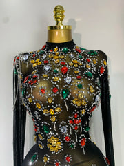 Crystal Embellished Neckline on Mesh Mini Dress
