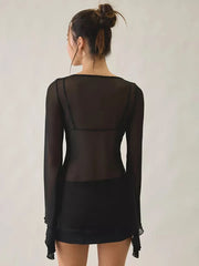Mesh Print Tie Neck Long Sleeve Top