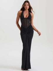Black evening gown with sheer panels - front view