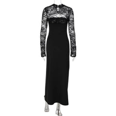 Mock Neck Lace Sheer Long Sleeve Maxi Dress