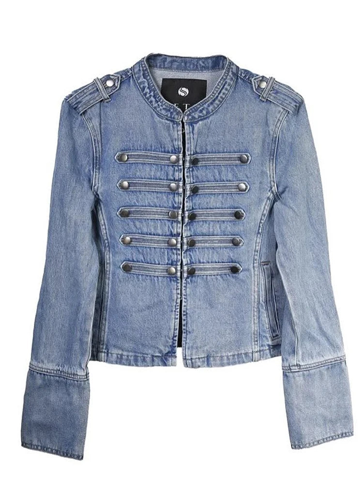 Blue denim jacket with button details on a white background