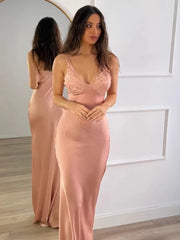 Spaghetti Strap V-Neck Lace Trim Satin Maxi Dress