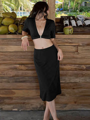 Blue Deep V-Neck Bralette Top and Midi Skirt Set