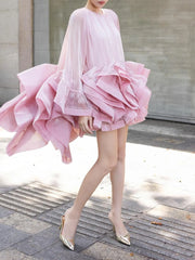 O-Neck Ruffled Organza Mini Dress with Bell Sleeves