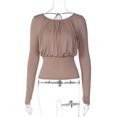Boat Neck Long Sleeve Draped Back Tie-Up Top