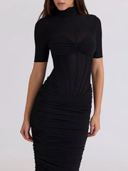 Black Ruched Turtleneck Short Sleeve Midi Dress