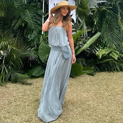 Spaghetti Strap Gathered Empire Waist Maxi Dress with Thigh-High Slit