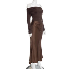 Brown Off-Shoulder Bodysuit with Satin Maxi Dress Set
