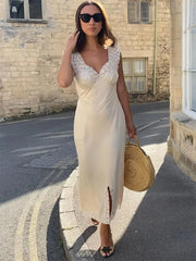 Patchwork Satin Lace Maxi Dress – Elegant V-Neck Evening Gown