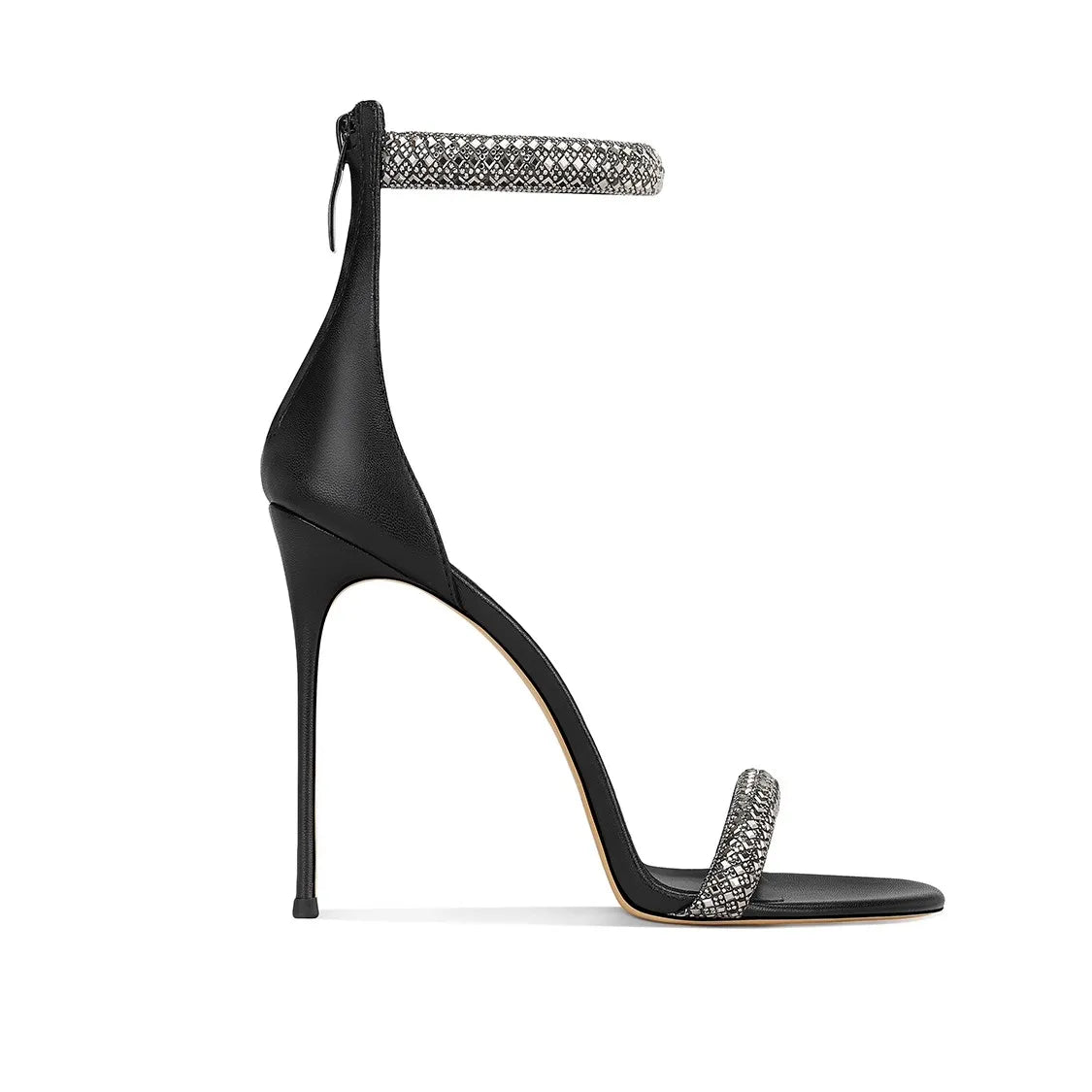Black high-heeled sandal with decorative ankle strap and toe ring on a white background