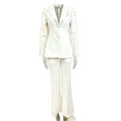 Pearl embellished mesh panel blazer and wide leg pants suit on mannequin