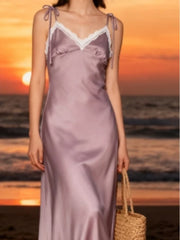 Satin Slip Lace Trim Straps V-neck Long Dress