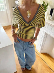 V-Neck Striped Knit Cropped Top with Dolman Sleeves