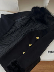 Fur Collar Black Woollen Coat Double Breasted Buckle Dress