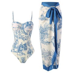 Bustier one-piece swimsuit and wrap skirt set with toile print