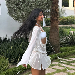 White Sheer Beach Cover-up and Bikini Top Swimwear Set