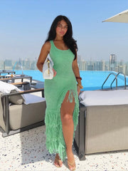 Sleeveless knit midi dress with tiered tassel hem and thigh slit