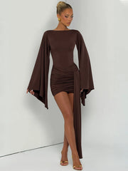 Coffee brown draped sleeve ruched mini dress