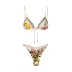 Bikini top and bottom with botanical print.