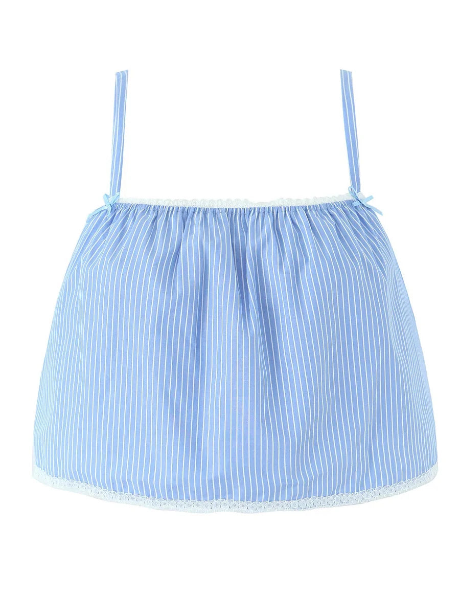 Light blue striped top with thin straps on a white background