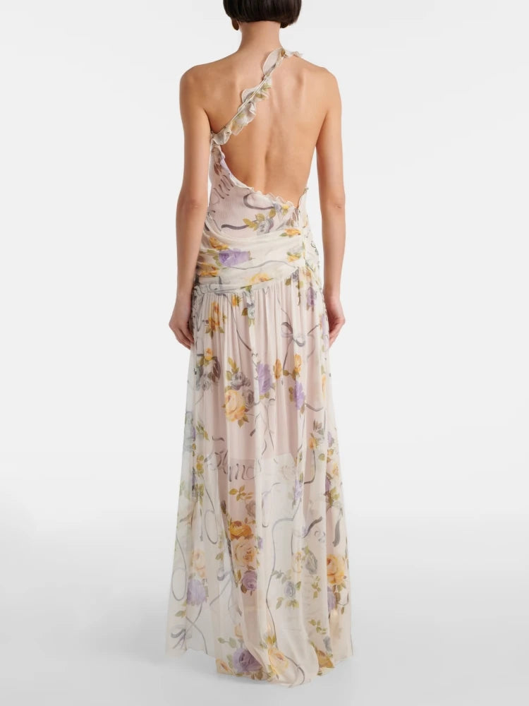 Back view of a one-shoulder ruffled print asymmetrical neckline sleeveless ankle-length sheath dress