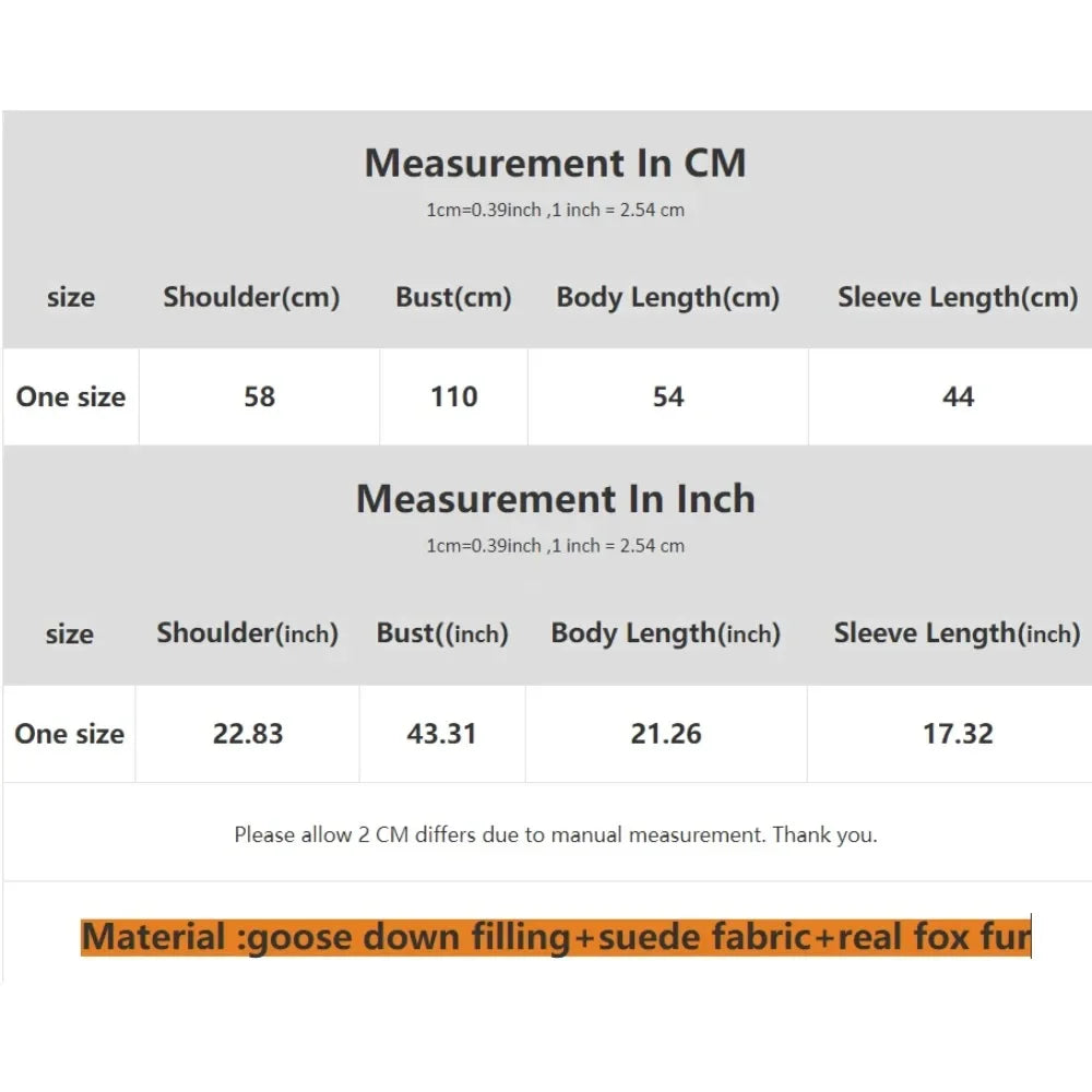Measurement chart for a garment with sizes in centimeters and inches, including material details.