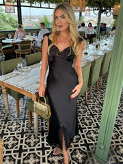 Patchwork Satin Lace Maxi Dress – Elegant V-Neck Evening Gown