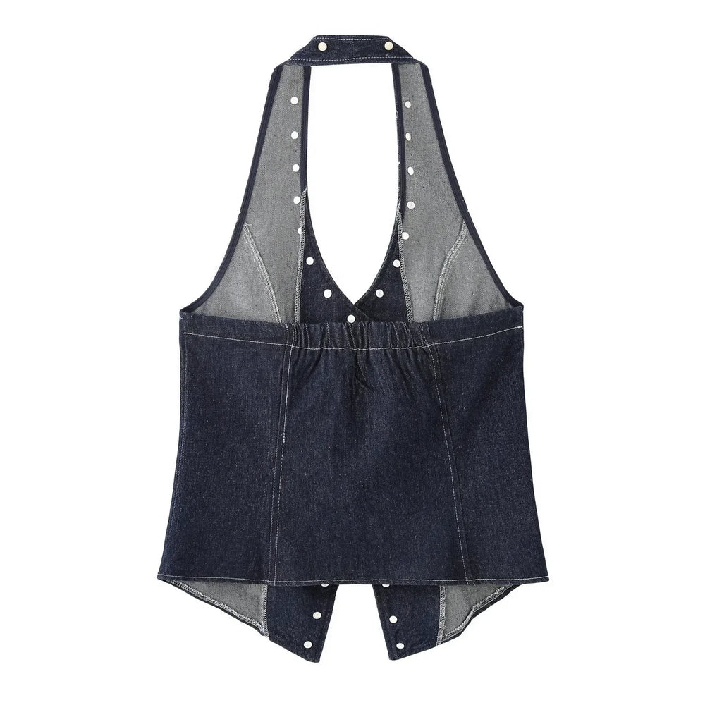 Denim apron with white buttons on a white background