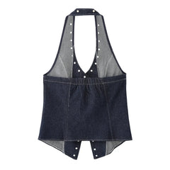 Denim apron with white buttons on a white background