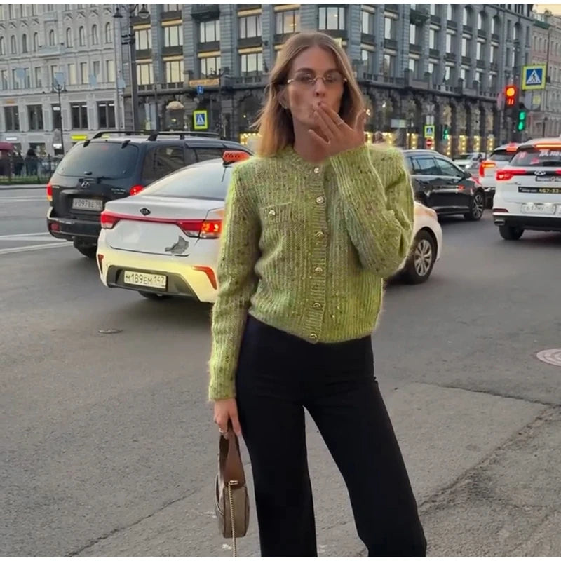 Bouclé button front coat in street setting