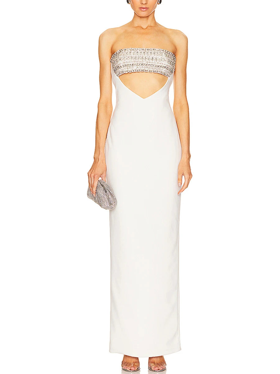 Strapless embellished cutout column maxi dress front view
