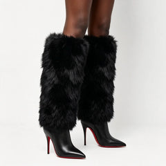 Black fur knee high stiletto boots on model