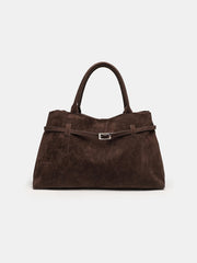 Faux Suede Belted Top-Handle Tote / Shoulder Bag — Chocolate Brown