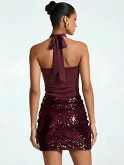 Cross Neck Ruched Sequin Mini Dress