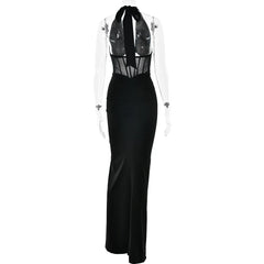 Halter Neck Sheer Bodice Waist Maxi Dress