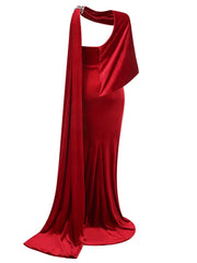 Red Velvet One-Shoulder Draped Gown with High Split